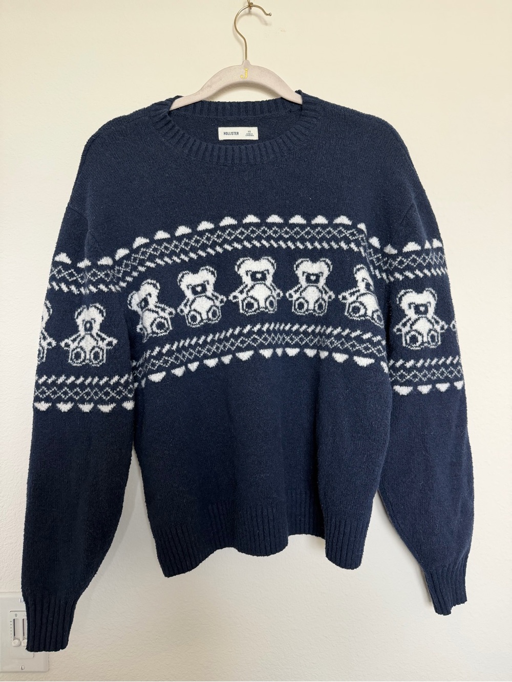 Hollister Navy Teddy Bear Pattern Crewneck Sweater